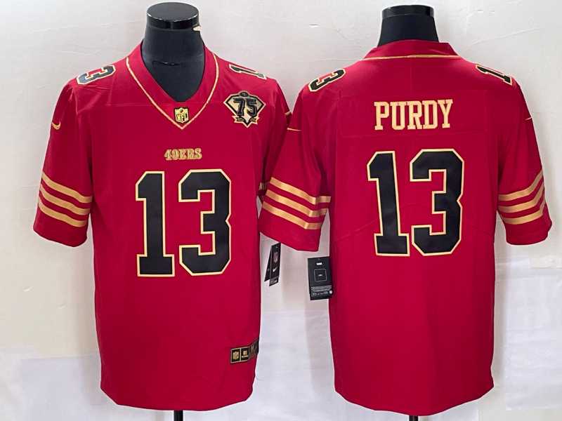 Men%27s San Francisco 49ers #13 Brock Purdy Red 75th Patch Golden Edition Stitched Nike Limited Jersey Dzhi